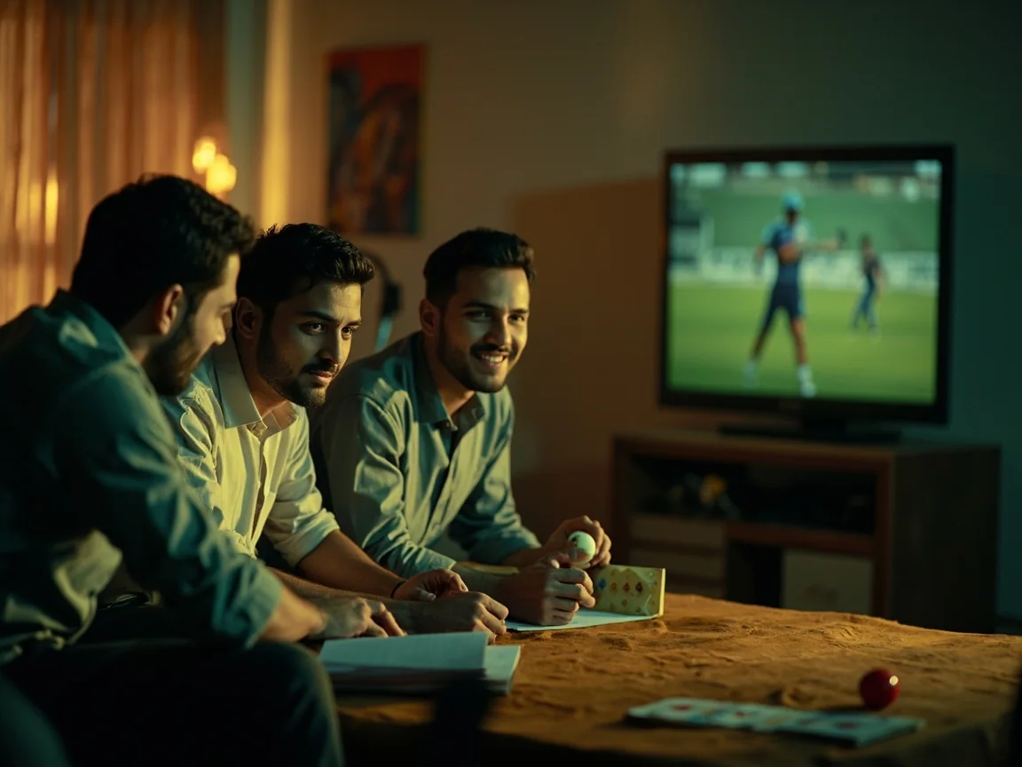 Friends preparing for a cricket match in a living room